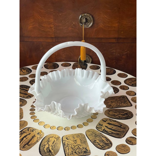 American Gorgeous Antque Milk Glass Hobnail Basket / Vase /Planter With Handle For Sale - Image 3 of 4