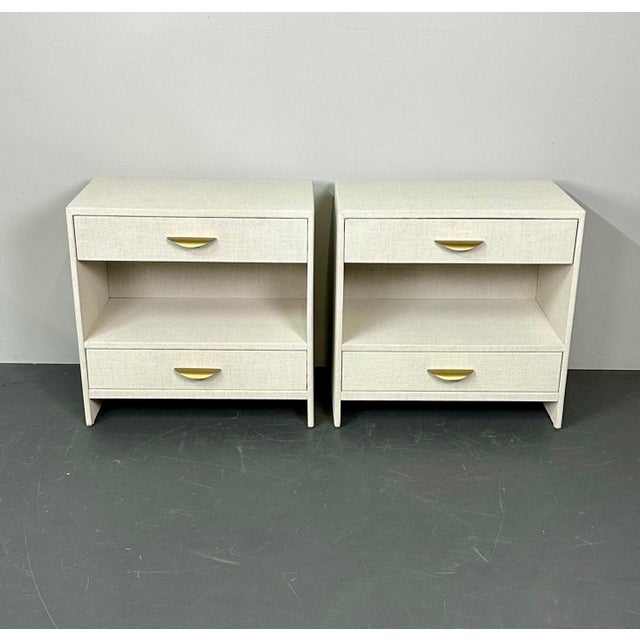Wood Pair Custom Linen Wrapped Open Commodes, Chests, Nightstands, White, American For Sale - Image 7 of 18