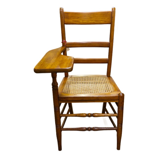 1930s School Chair With Writing Desk & Caned Seat For Sale