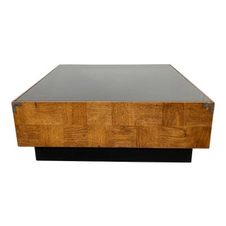 Wood Patchwork and Smoked Glass Coffee Table With Campaign Hardware For Sale