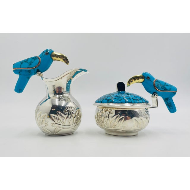 1960s Fajardo Taxco Silver Plate Brass Lapis Toucan Creamer Sugar Tray Set - 3pcs For Sale - Image 13 of 18