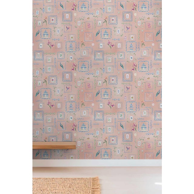 Textile Mahjong Tile Grasscloth Wallpaper by House Party | Coral Crack | 6 Yards For Sale - Image 7 of 8
