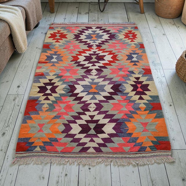 Mid-Century Modern Handmade Turkish Kilim Rug Diamond Pattern Area Rug - 3'7" X 4'10" For Sale - Image 3 of 13