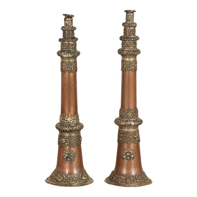 Pair of Antique Copper Tibetan Horns or Dungchen For Sale