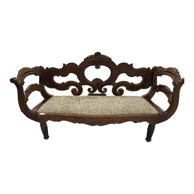 1950s Continental Carved Wood Bench with Turned Legs & Upholstered Seat in Designer Fabric For Sale