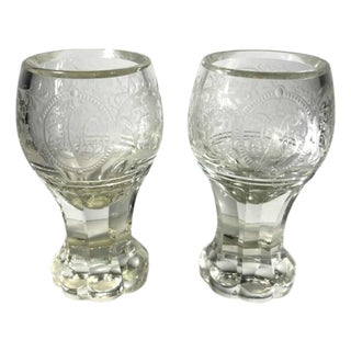 Stemmed Glasses in Thick Cut Crystal with Scrolling Decoration and Monogram, Bohemia, 1900s, Set of 2 For Sale