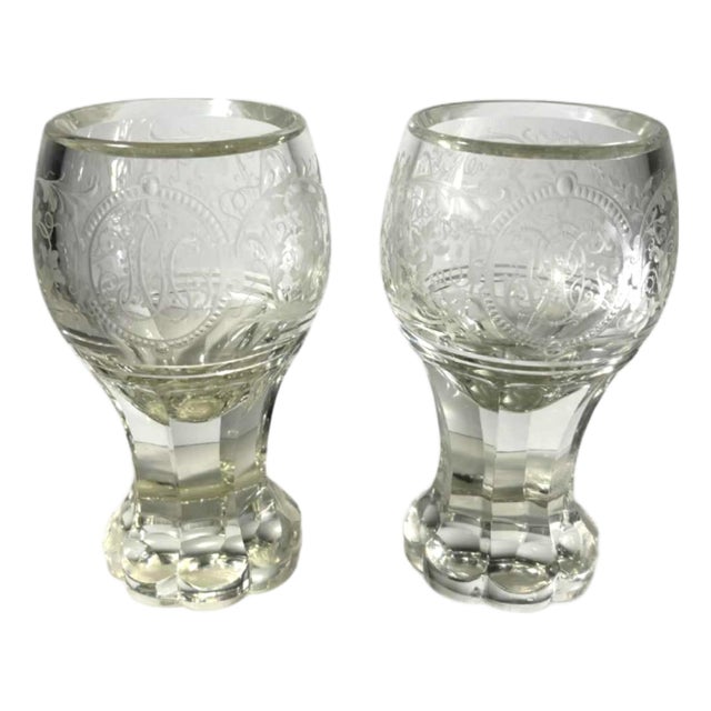 Stemmed Glasses in Thick Cut Crystal with Scrolling Decoration and Monogram, Bohemia, 1900s, Set of 2 For Sale