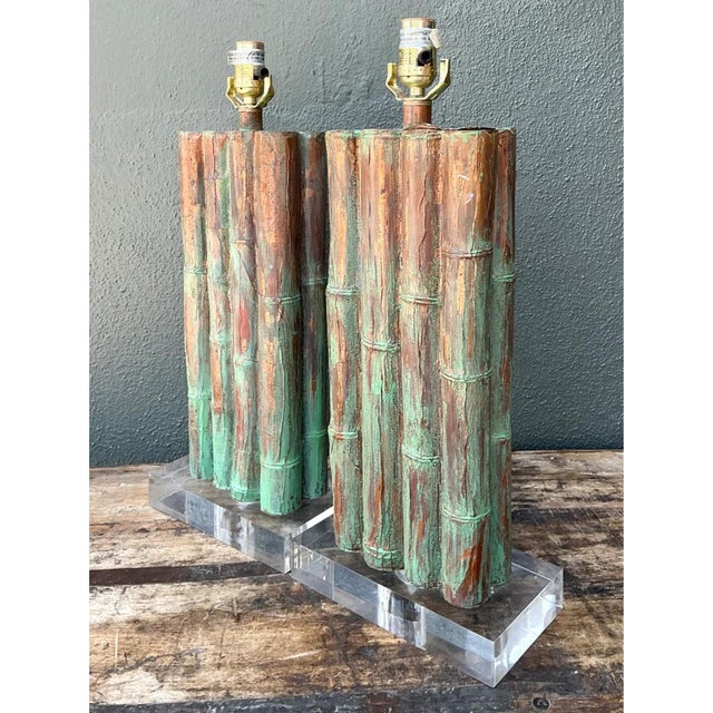 Vintage Faux Bamboo Lamps on Lucite Plinth - A Pair For Sale In West Palm - Image 6 of 12