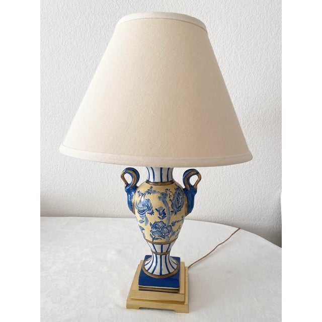 Late 20th Century Exquisite Blue, Yellow, & White Floral & Striped Porcelain/Ceramic Urn/Vase Style With Brass Base and Upper Lamp Excellent Condition For Sale - Image 13 of 14
