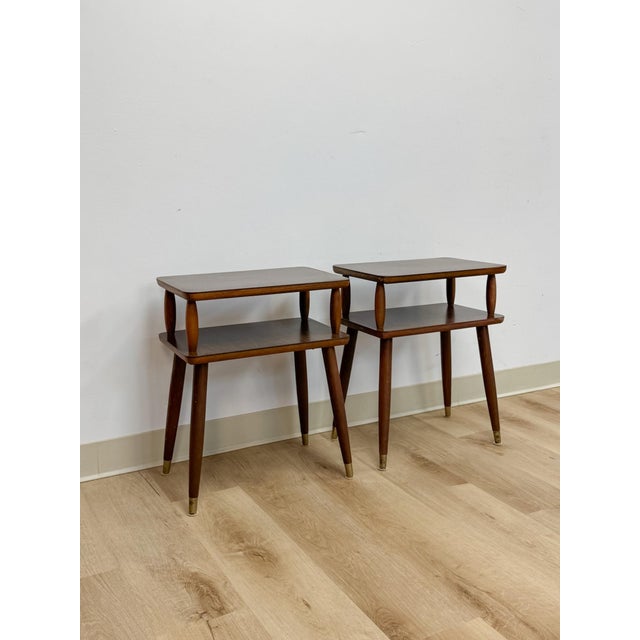 Vintage End Tables MCM Atomic Two-Tier Wood Laminate Pair Retro Accent For Sale - Image 4 of 15