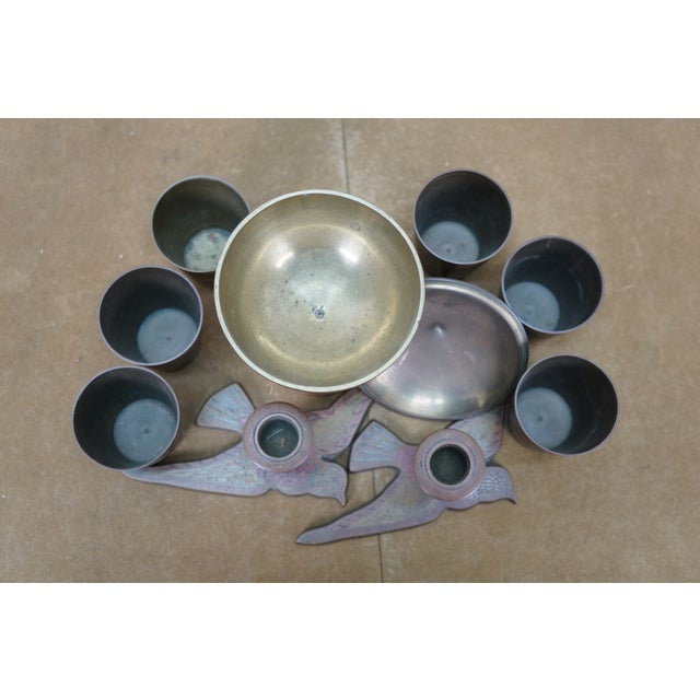 Mid 20th Century Indian Etched Brass Peacock Bird Bar Tray, Cups, Tophy Urn & Candlesticks Set- 10 Pieces For Sale - Image 13 of 14