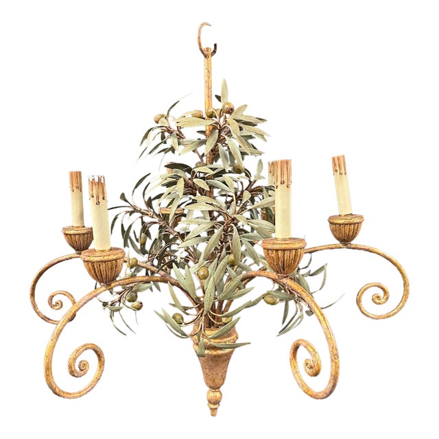 Vintage Tole Olive and Olive Leaf Chandelier For Sale
