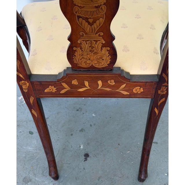 Wood Antique Dutch Marquetry Mahogany Open Armchair With Bird & Floral Inlay, Late 19th Century For Sale - Image 7 of 12