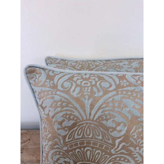 Custom Aquamarine & Gold Fortuny Lumbar Pillows For Sale - Image 4 of 12