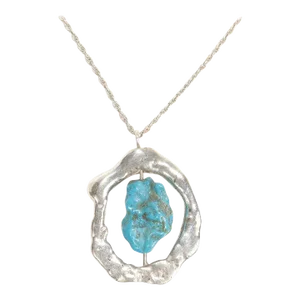 Vintage Mid-Century Brutalist Sterling Silver & Turquoise Nugget Pendant Necklace