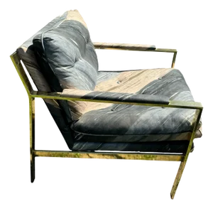 Vintage Brass Tone Frame Lounge Chair 60s 70s Retro Upholstered Side Chair in the Style of Milo Baughman
