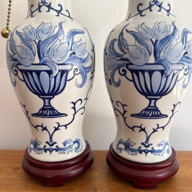 1990s 1990s Blue and White Floral Lamp Pair For Sale - Image 5 of 9