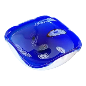 Mid-Century Mouth Blown Cobalt Blue and White Glass Trinket Bowl With Stretched Millefiori Detail