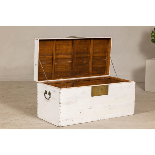 White Midcentury Whitewashed Blanket Chest with Brass Hardware and Storage For Sale - Image 8 of 12