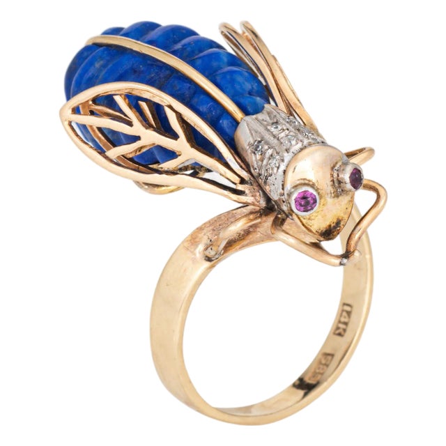 1970s 70s Vintage Diamond Insect Ring Sz 6 Large 14k Yellow Gold Fine Bee Jewelry For Sale