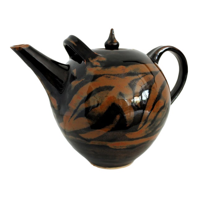 Ext. LRG 1985 Signed Glazed Stoneware Teapot/Dark Brown For Sale