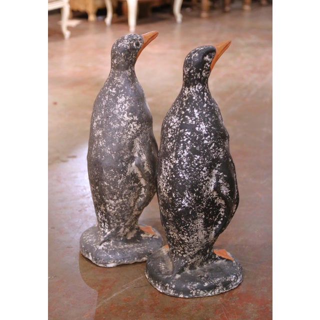 Stone Pair of Mid 20th Century French Outdoor Weathered Painted Stone Penguin Sculptures For Sale - Image 7 of 8