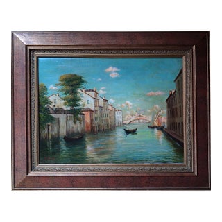 Mid-20th Century Venetian Canal Landscape Oil Painting Signed B. Mangi For Sale