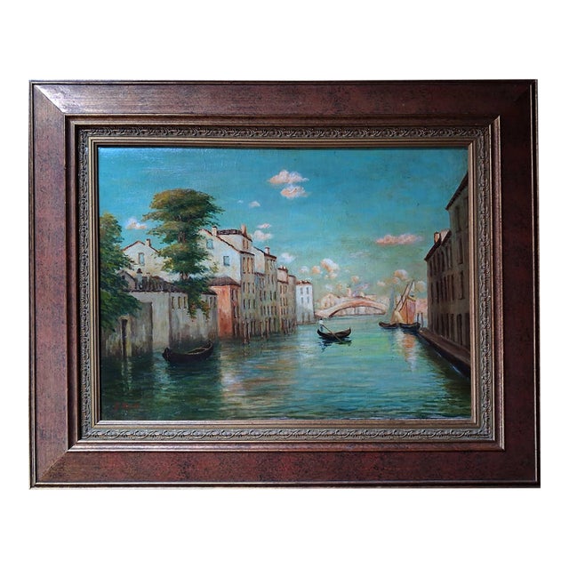 Mid-20th Century Venetian Canal Landscape Oil Painting Signed B. Mangi For Sale