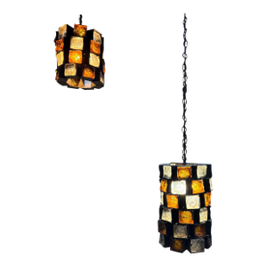 1970s Felipe Delfinger for Feders Brutalist Metal & Stained-Glass Pendants
