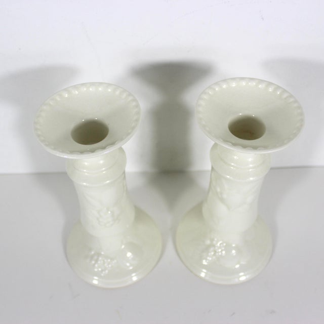Royal Worcester Antique Royal Worcester Crown Ware England Porcelain White Raised Fruit Beaded Rim Candlesticks, a Pair For Sale - Image 4 of 11