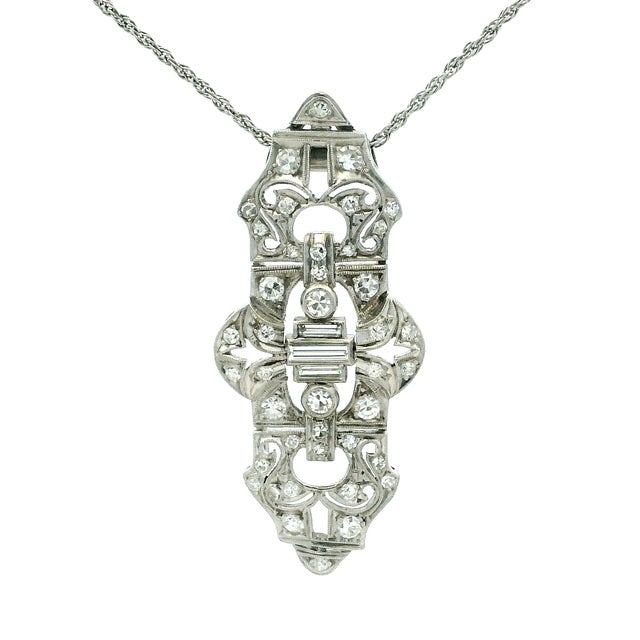 Metal Art Deco Platinum Diamond Filigree Pendant Necklace, Circa 1925 For Sale - Image 7 of 9