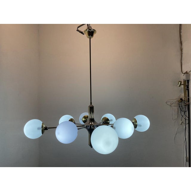 Large sputnik chrome brass chandelier 8 lights brass and chrome fittings matt white glass shades height including rod 100...