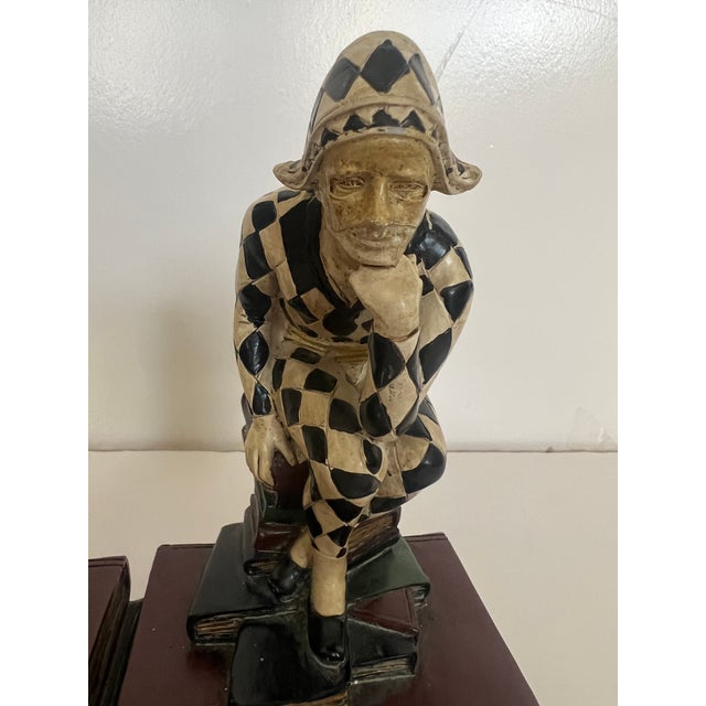 Plastic Vintage 1920's's Pair of French Harlequin or Jester Figure Book Ends For Sale - Image 7 of 10