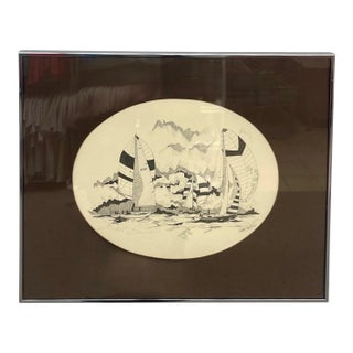 Late 20th Century Signed Nautical Pen-and-Ink Sailing Scene Artwork - Framed Maritime Illustration For Sale
