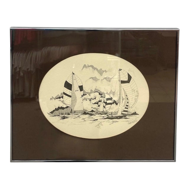 Late 20th Century Signed Nautical Pen-and-Ink Sailing Scene Artwork - Framed Maritime Illustration For Sale