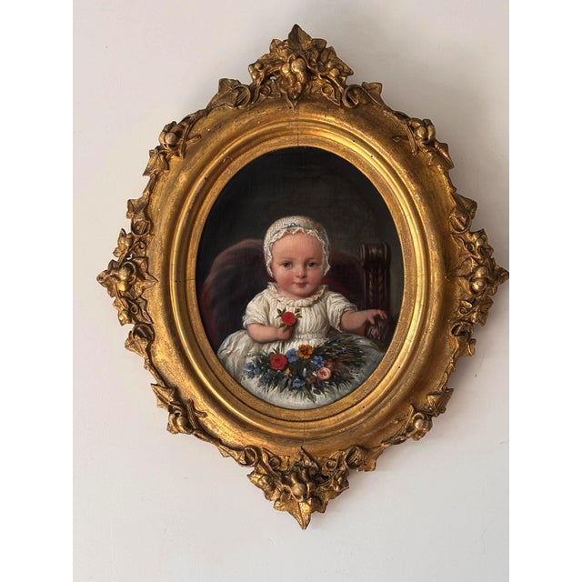 Victorian Artist, Baby Portrait with Flowers, Oil Painting, Framed For Sale - Image 9 of 10
