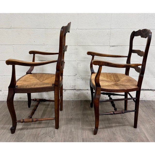Antique French Country Style Louis XV Style Ladder Back Rush Seat Arm Chairs For Sale - Image 10 of 10
