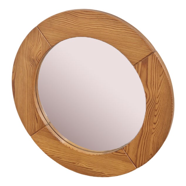 Vintage Scandinavian Pine Wood Round Mirror, 1970s For Sale