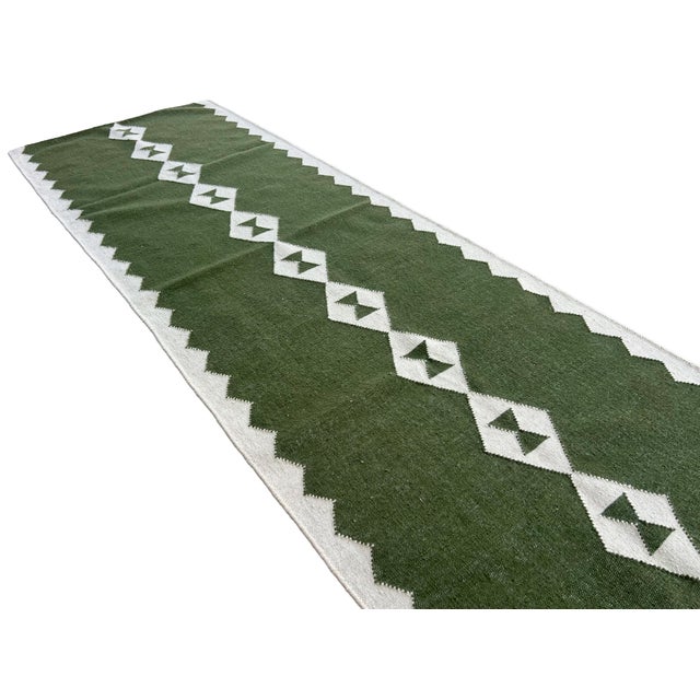 Not Yet Made - Made To Order Handmade New Zealand Wool Dhurrie Runner, Olive Green and Cream Geometric Runner Rug- 3'x16' For Sale - Image 5 of 10