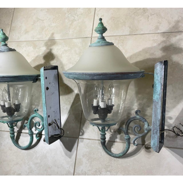 Pair of Vintage Solid Brass Outdoor Sconces - Large Verdigris Patina Lanterns For Sale - Image 11 of 16