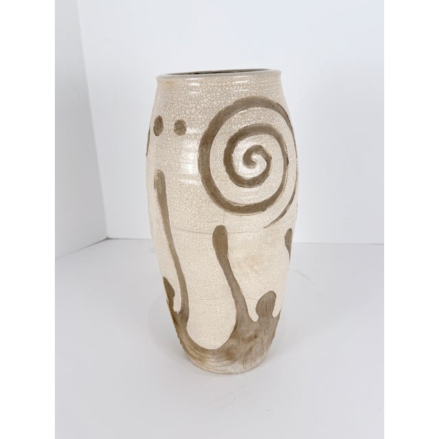 Midcentury Handmade Stoneware Crackle Glaze Vase For Sale - Image 12 of 16