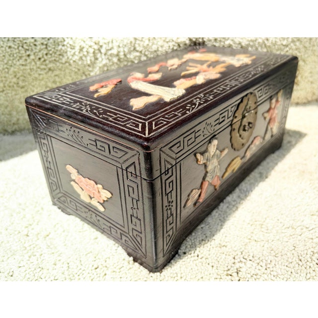 1920s Antique Chinese Carved Rosewood Box With Figurines & Working Lock For Sale - Image 5 of 9
