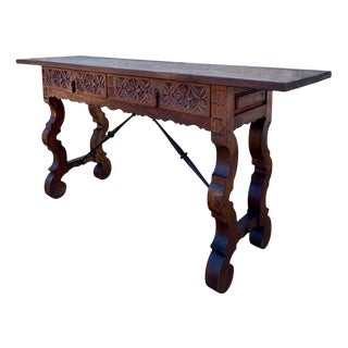 Spanish Console Table with Two Carved Drawers and Iron Stretcher, 1890s For Sale