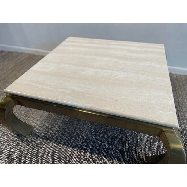 Metal 1970s Vintage in the Manner of Hendredon Hollywood Regency Brass and Travertine Coffee Table For Sale - Image 7 of 11