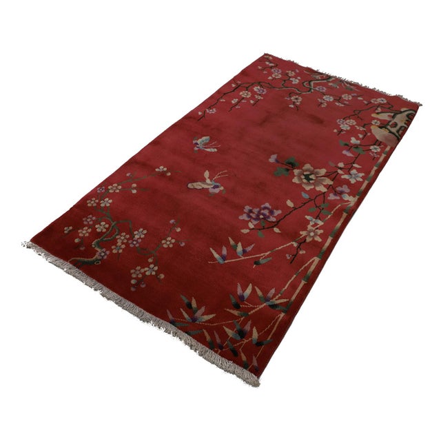 1920s 3'x6' Vintage Chinese Art Deco Wool Rug | Rose Floral & Butterfly, Hand-Knotted Rug For Sale - Image 5 of 9