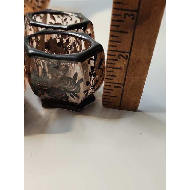 Vintage Bohemian Pink Glass Crystal Silver Plate Decanter Shot Glass Aperitif Set- 7 Pieces For Sale - Image 12 of 13