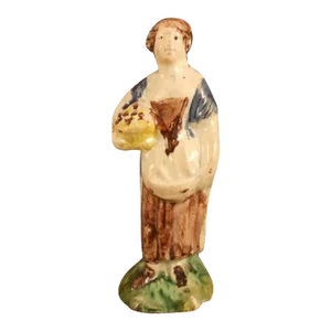 Antique 18th Century English Georgian Staffordshire Pearlware Prattware Figure of a Girl With a Basket of Flowers - Spring 1790