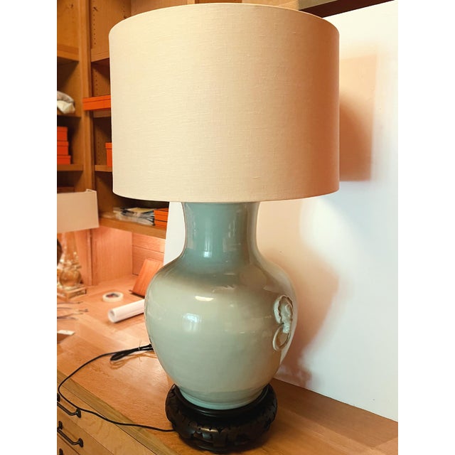 Mid 20th Century Large Celadon Green Ceramic Urn Table Lamp For Sale - Image 4 of 11