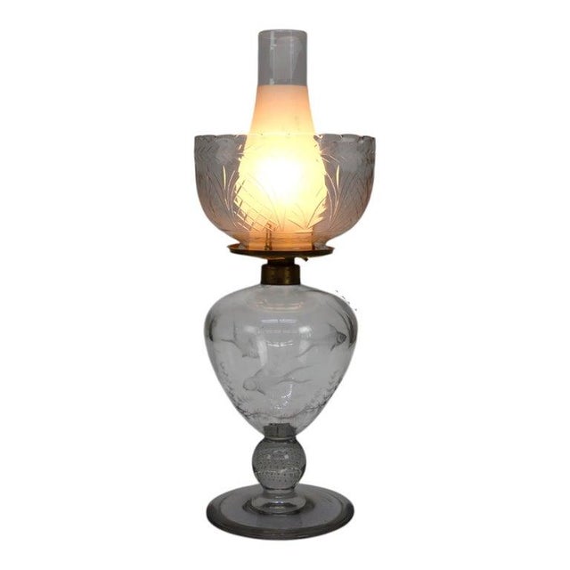 Glass Late 19th Century Figural Fish Etched Glass & Crystal Base Table Lamp For Sale - Image 7 of 8