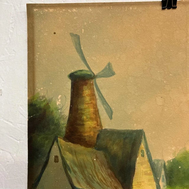 Vintage Art Watercolor Scenic Holland Countryside Windmill Lake & Boat For Sale - Image 4 of 12
